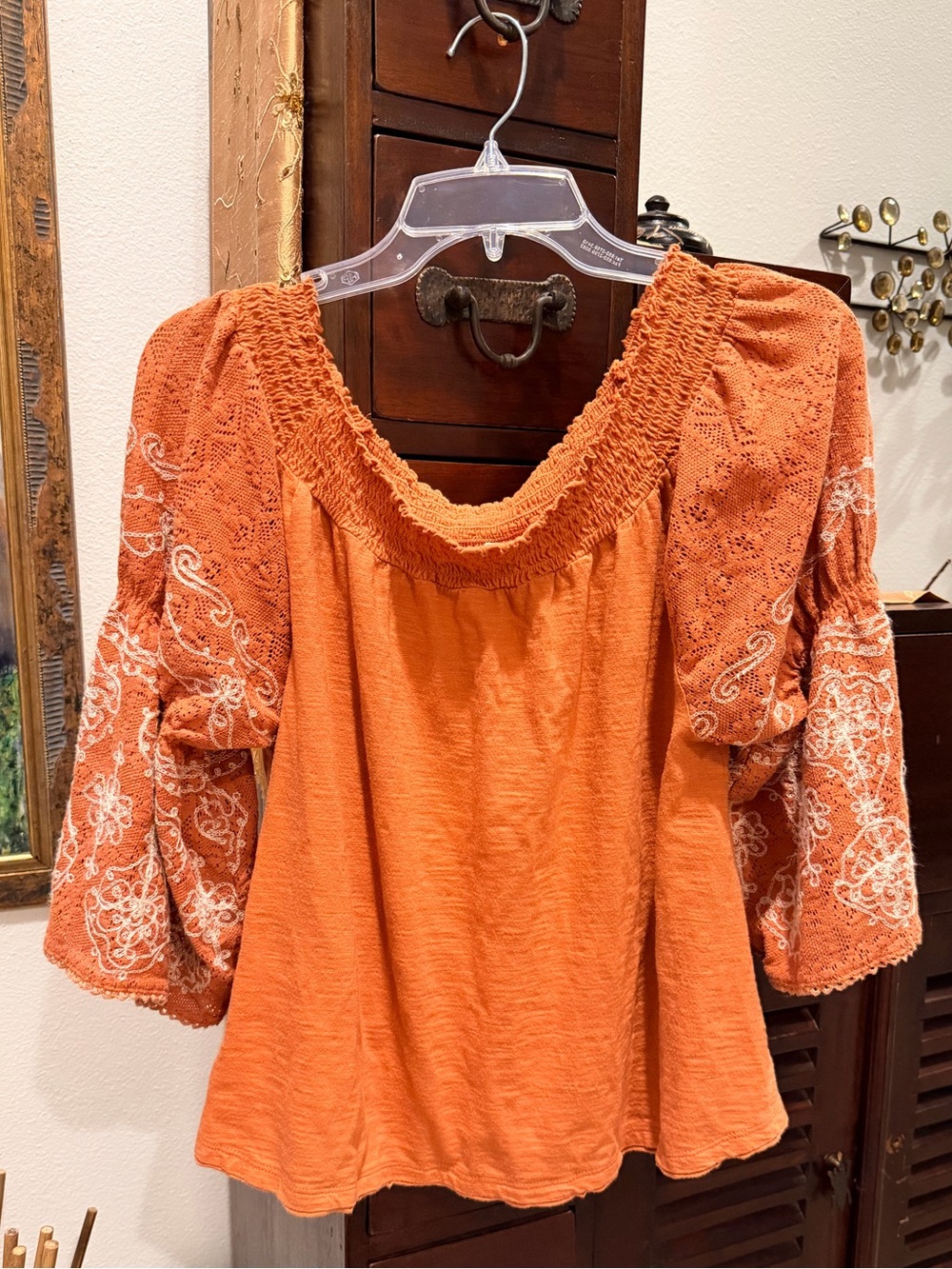 Free People Orange Embroidered Peasant Blouse